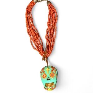 Turquoise Skull Pendant Multi-Strand Orange Beaded Necklace